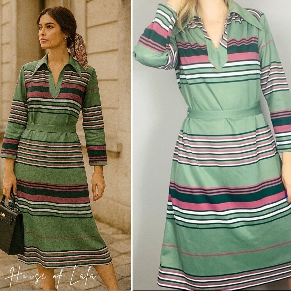 Vintage 70s Stripe Green Dagger Collar Midi spring summer Dress retro
